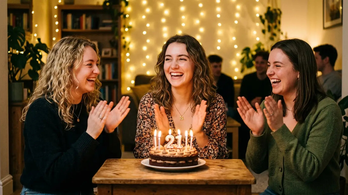 Young woman celebrating her 21st birthday with friends and a candlelit cake at home
