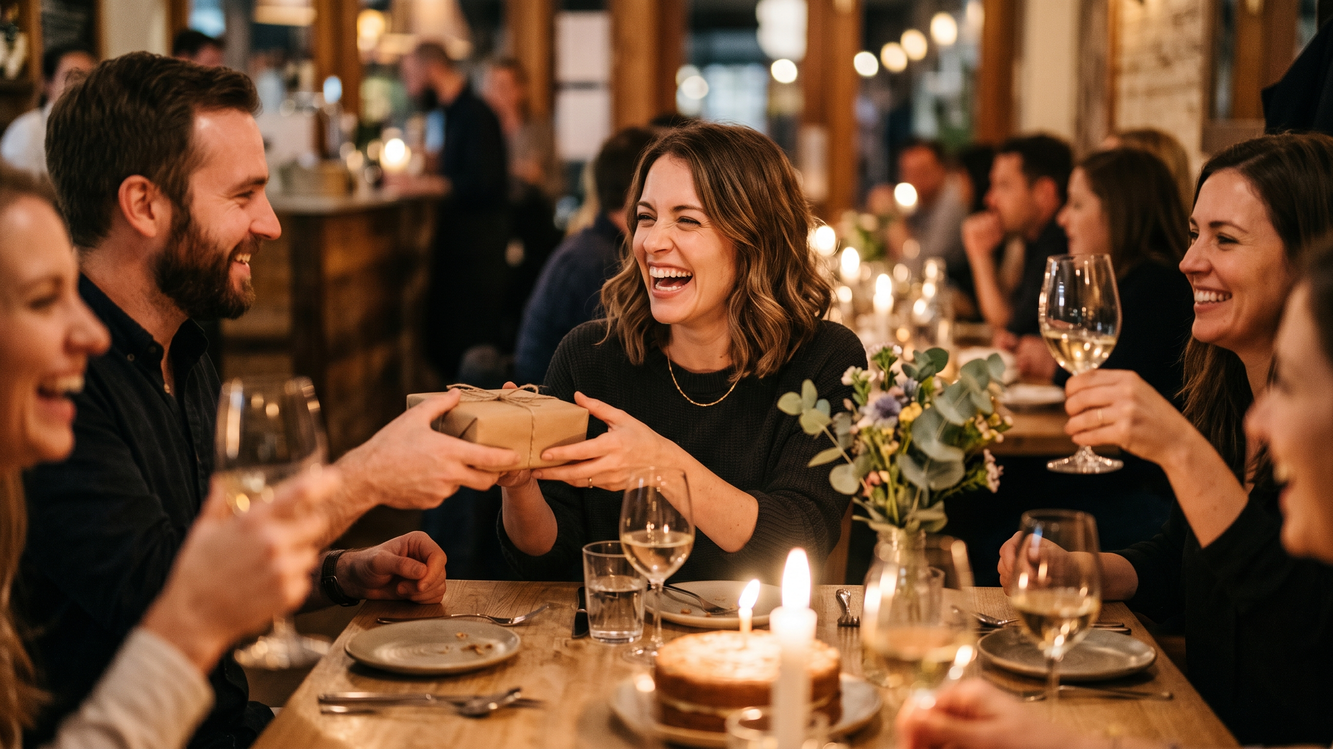 30th birthday gift ideas for her: woman opening a gift at a celebration dinner
