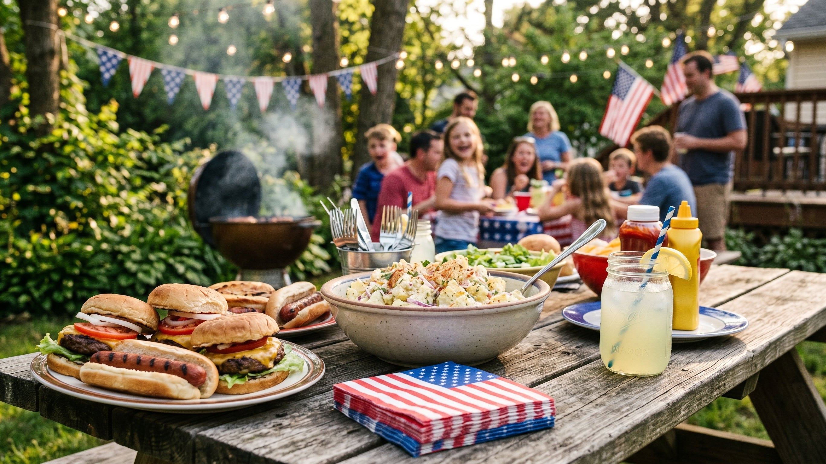 Backyard 4th of July party table spread with red white and blue decor