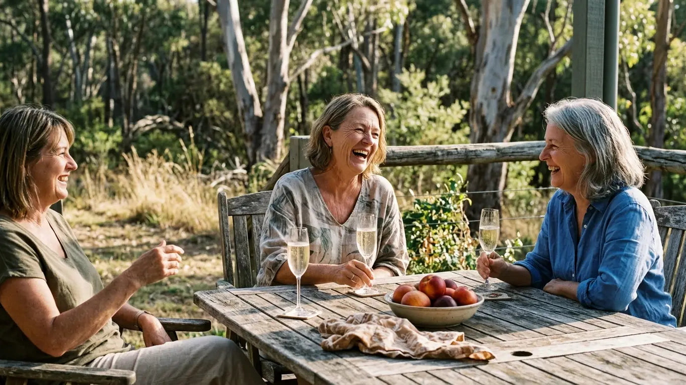 60th birthday gifts for her: an Australian woman celebrating turning 60 with friends on a sunlit verandah