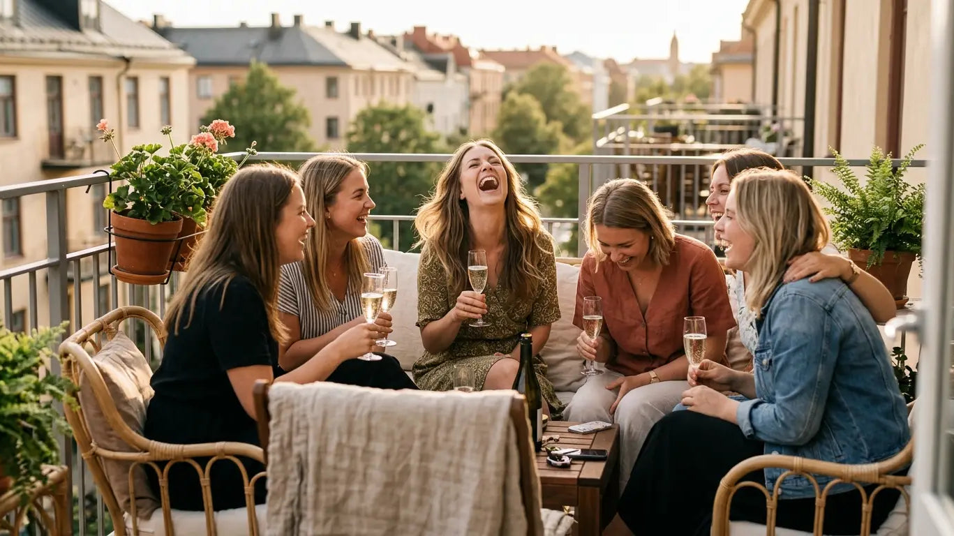 Friends celebrating a bachelorette party weekend together on a sunny balcony with drinks