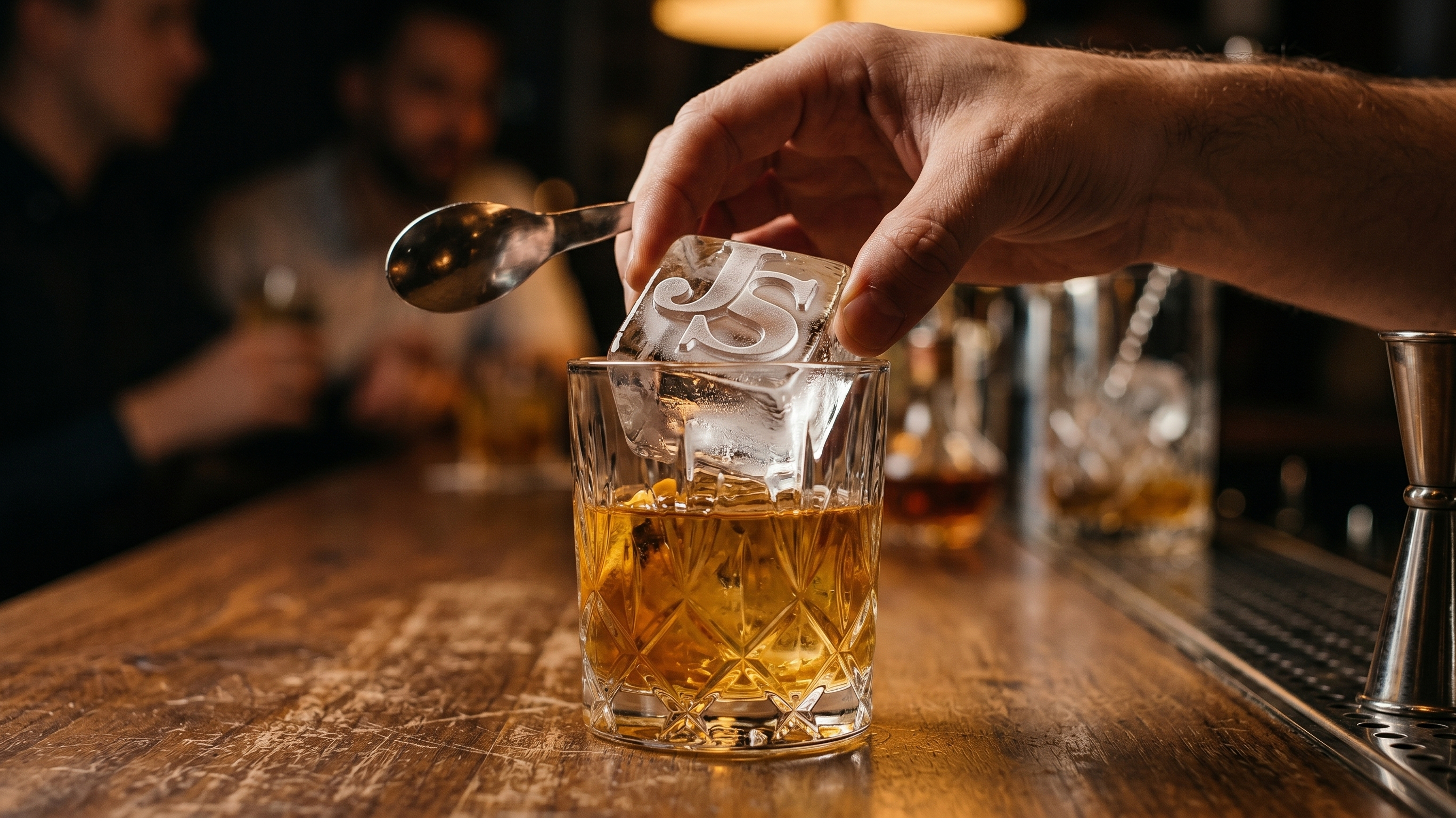 Branded custom logo ice cube being lowered into a whisky cocktail at a bar