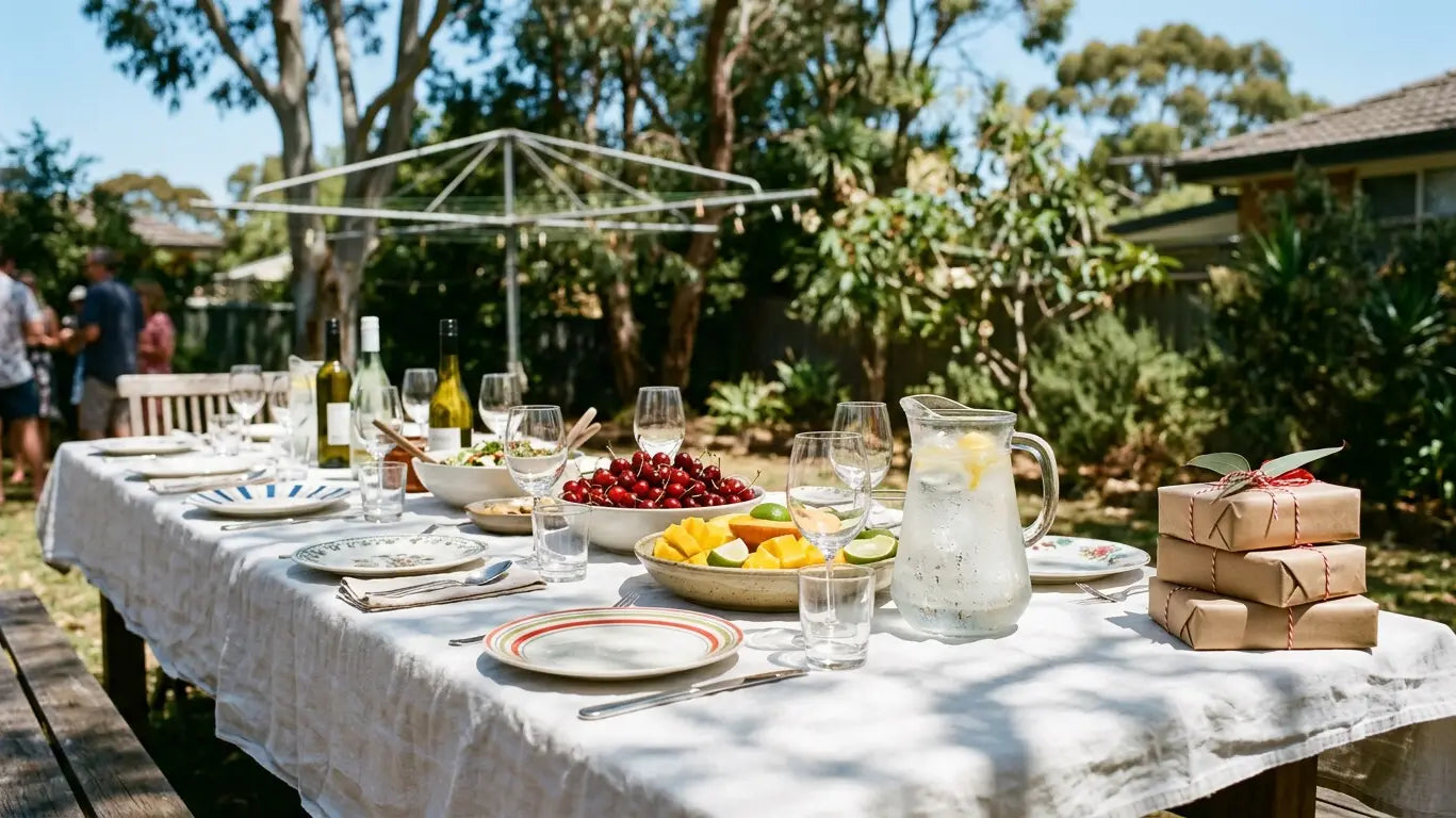 Christmas gifts for her Australia - a summer backyard Christmas lunch table with wrapped gifts and iced water