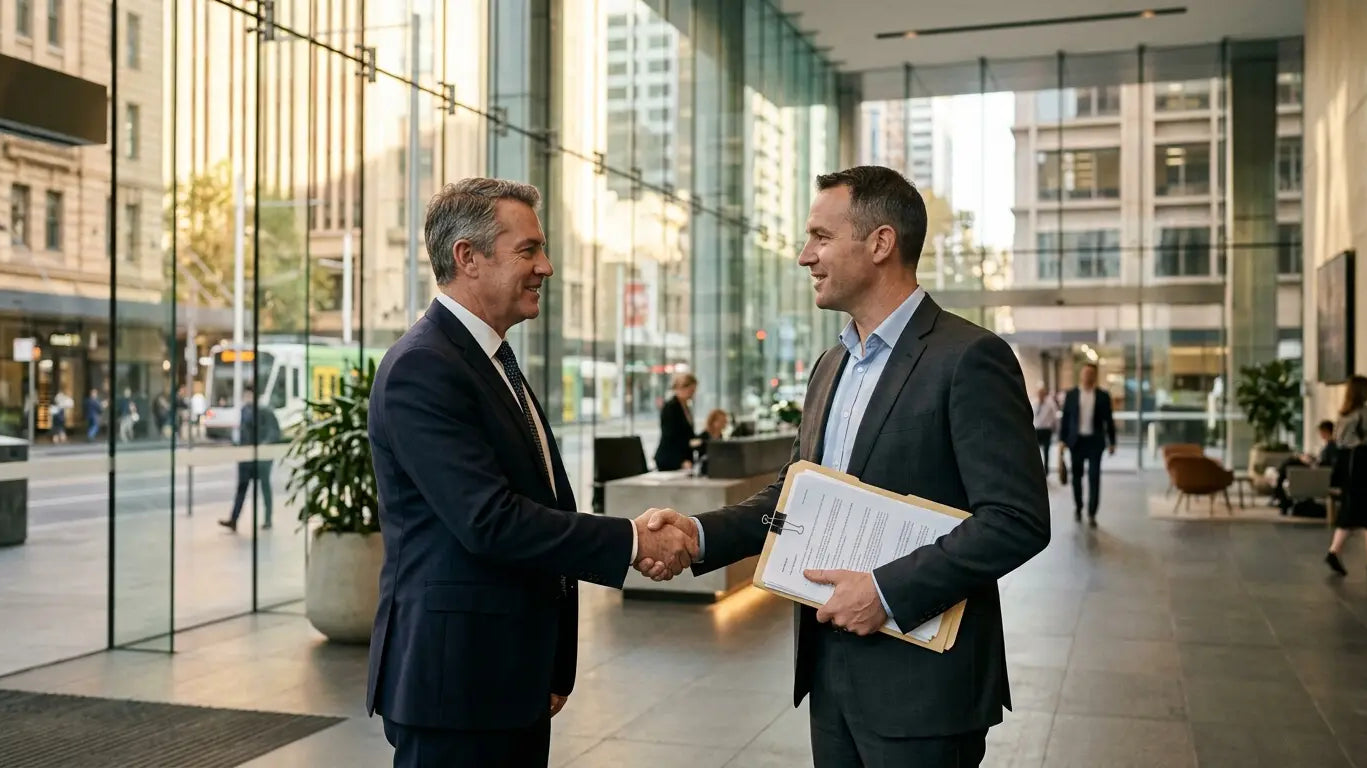 Commercial real estate client gifts: agent and corporate client shaking hands in an office building lobby after a deal