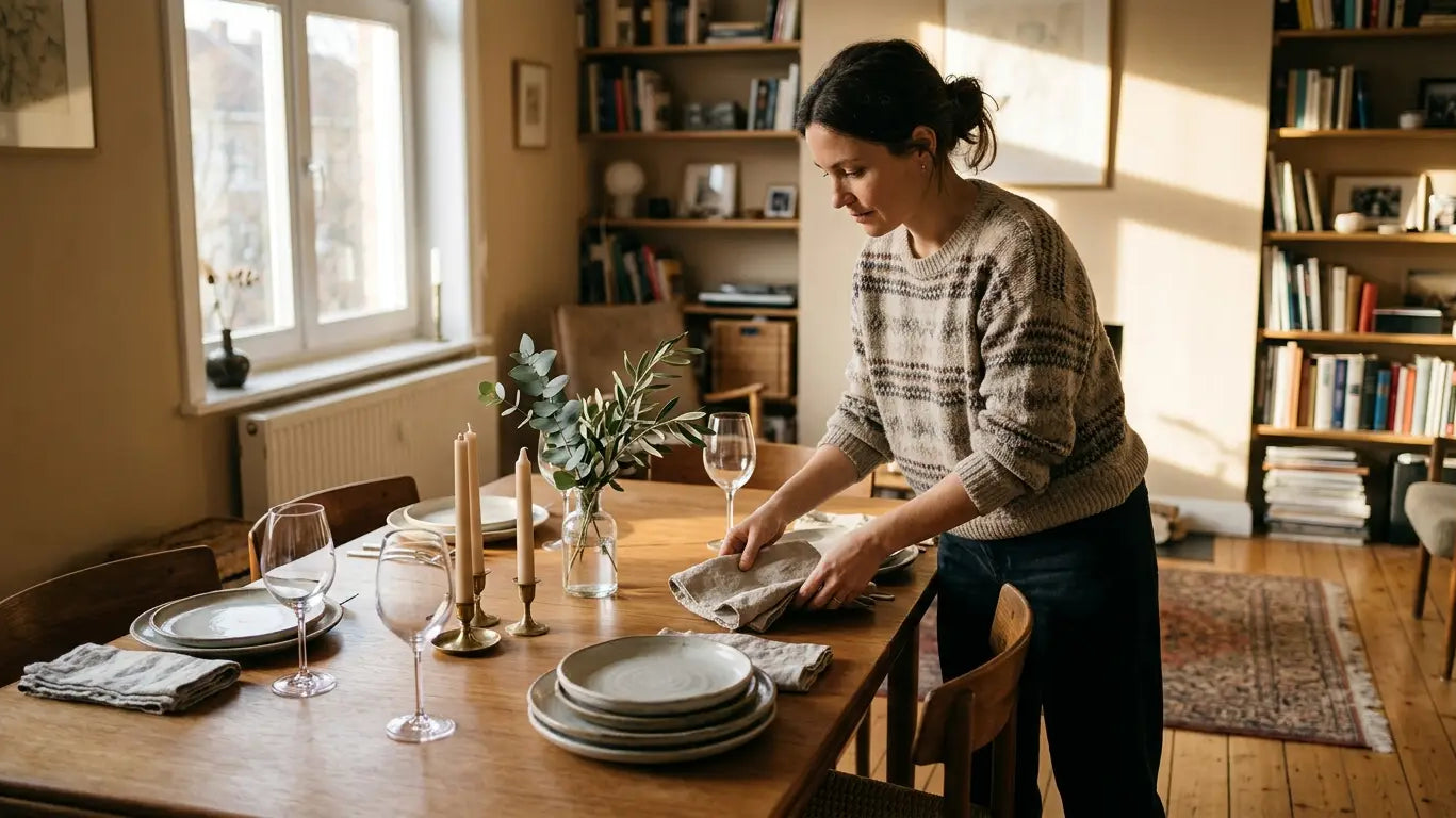 Host setting a dinner party table with linen napkins, plates, wine glasses and candles in warm light