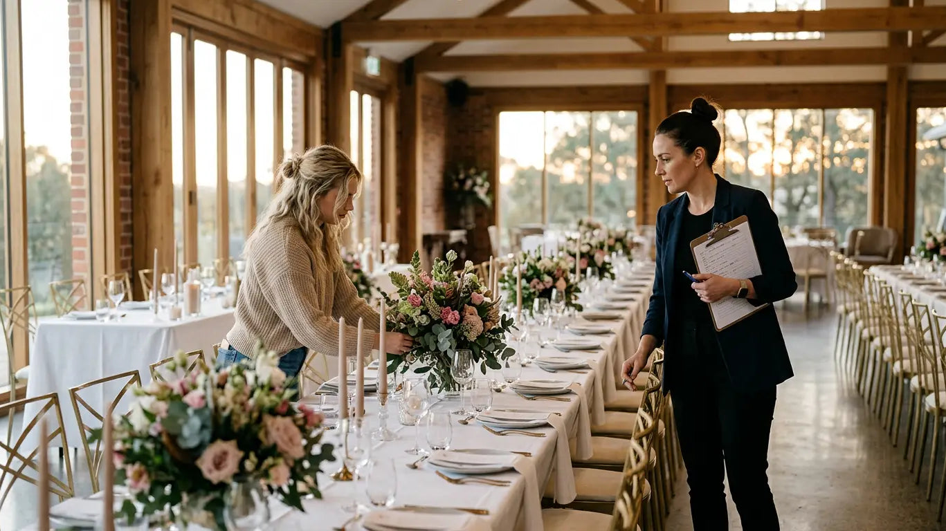 Event planner and stylist setting up an elegant reception before guests arrive
