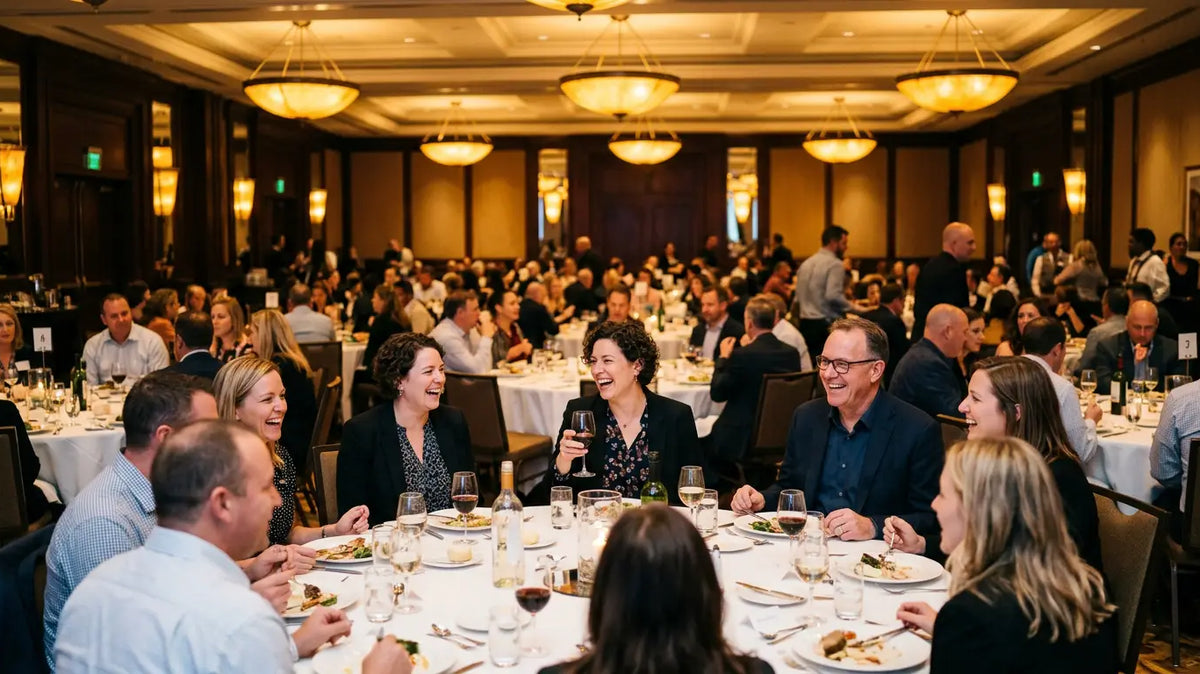 Franchisees at a network annual conference gala dinner in a hotel ballroom