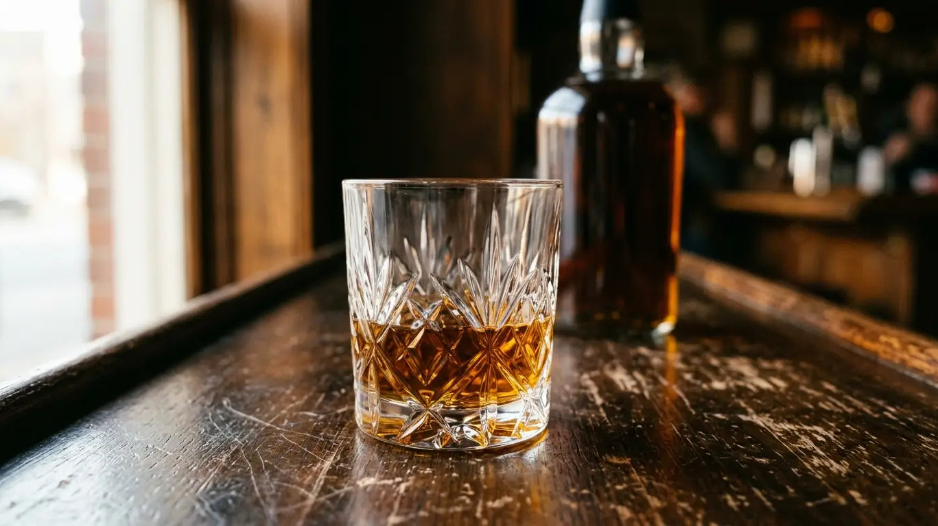 A neat pour of amber bourbon in a heavy rocks glass on a wooden bar — gifts for bourbon lovers