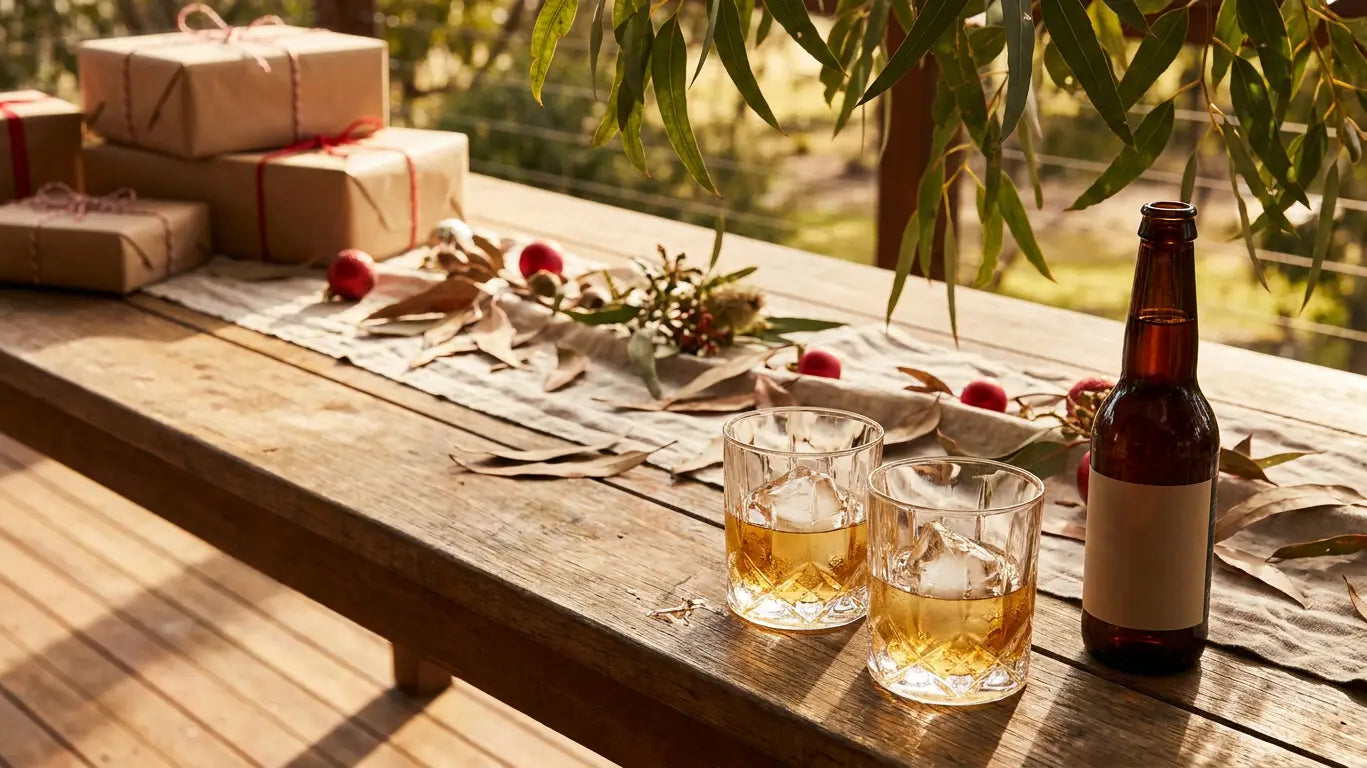Australian Christmas afternoon on a deck with whisky over large clear ice and wrapped Christmas gifts for him