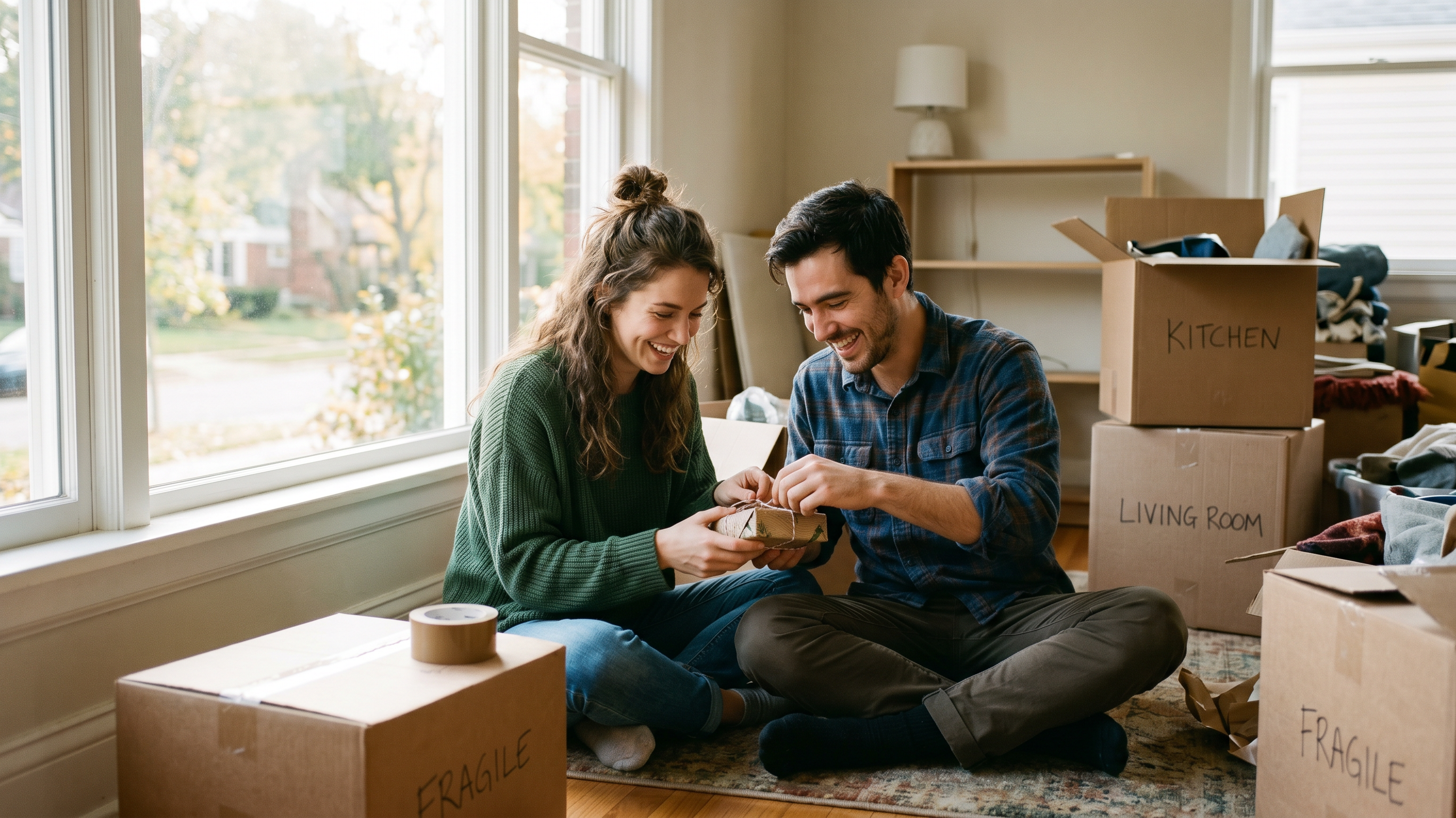 Couple unwrapping a housewarming gift together in their new home on moving day