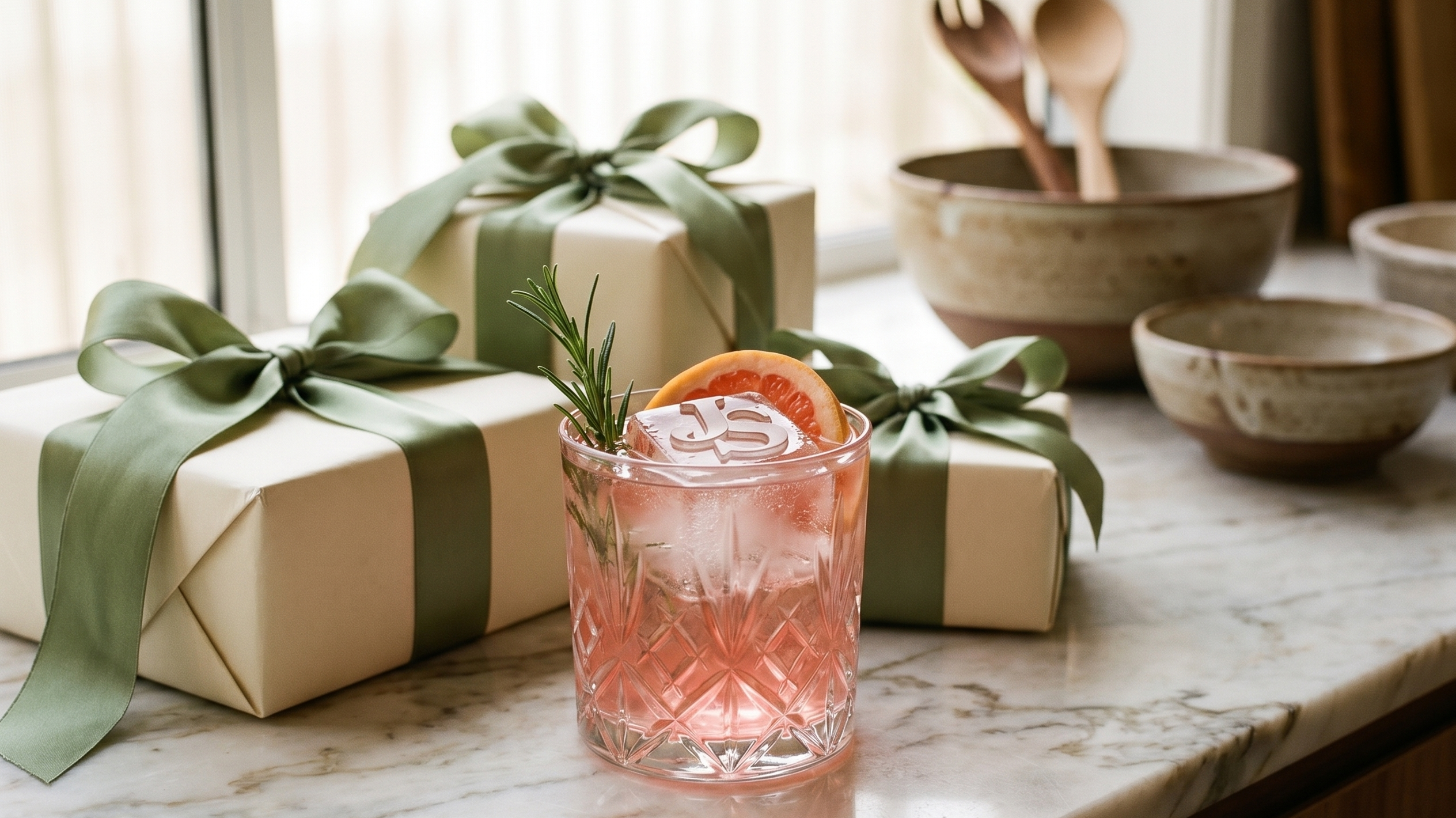 Personalised gifts for her — wrapped presents beside a spritz with a monogram ice cube