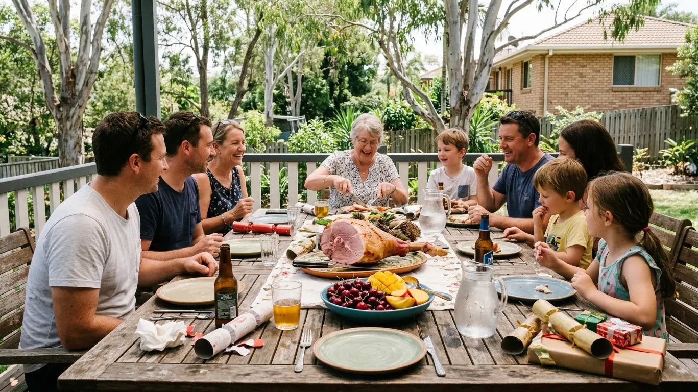 Personalised Christmas gifts Australia: an outdoor Australian Christmas lunch table on a hot December afternoon