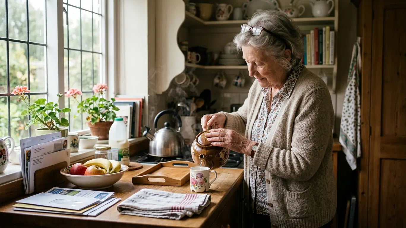 Grandmother making tea in her sunlit kitchen, the test for personalised gifts for grandma is whether she'd use it here