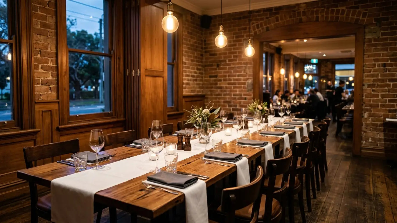 Empty private dining room set for fourteen in an Australian restaurant on a quiet weeknight