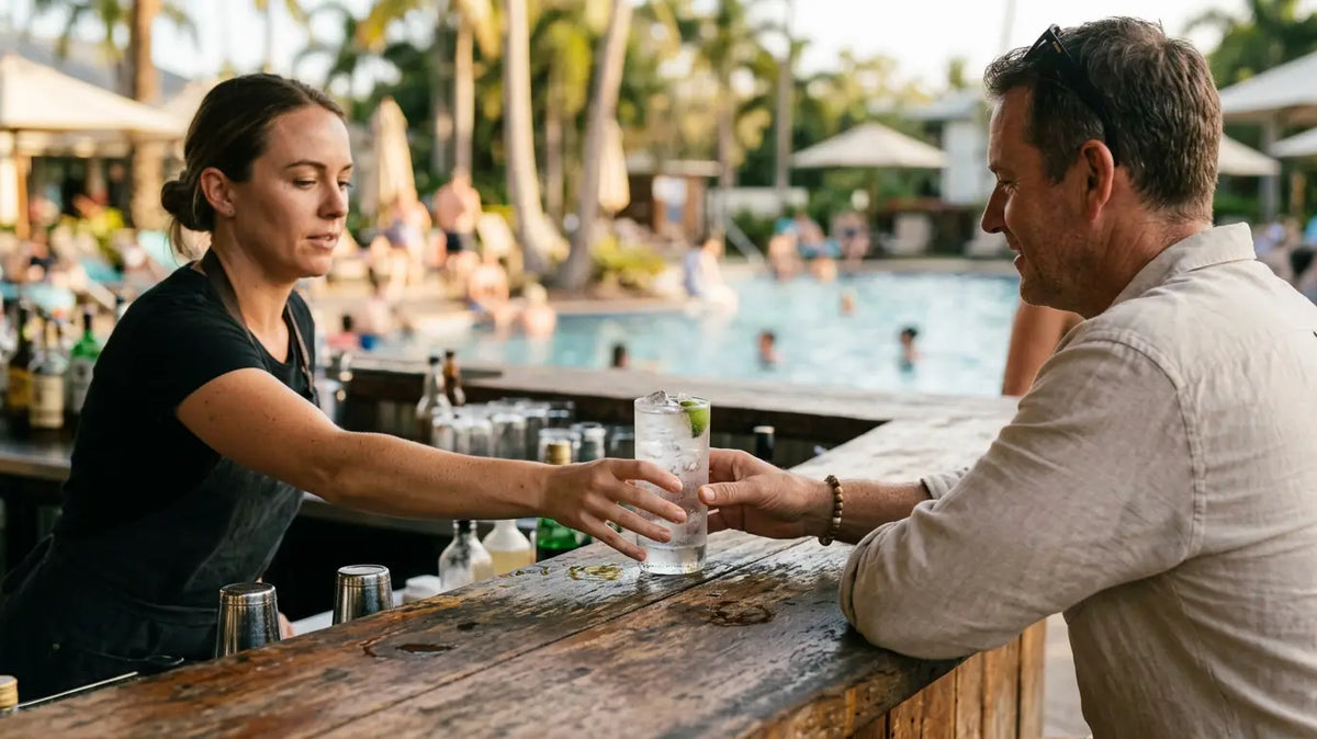 Resort poolside bar in Queensland with a bartender serving a highball over clear ice