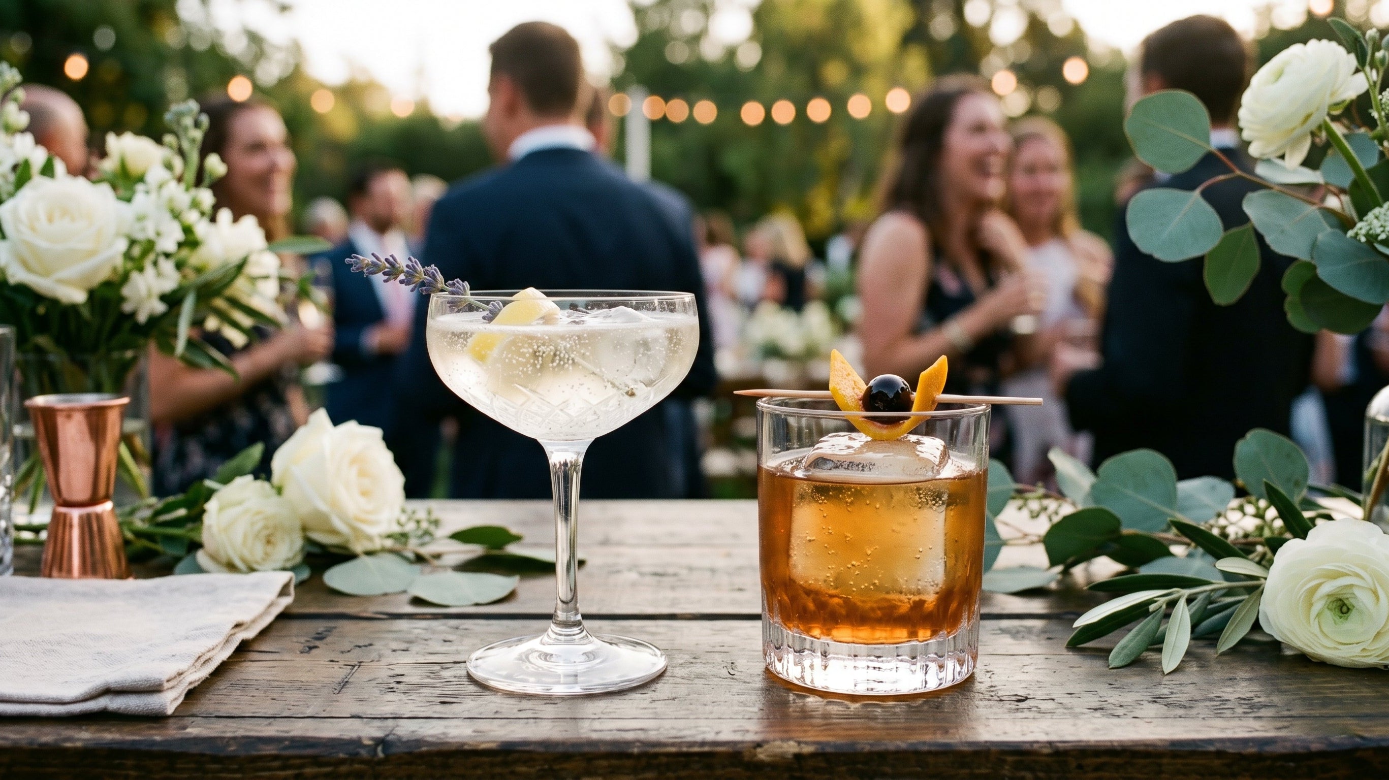 Two signature wedding cocktails side by side on a styled reception bar at golden hour