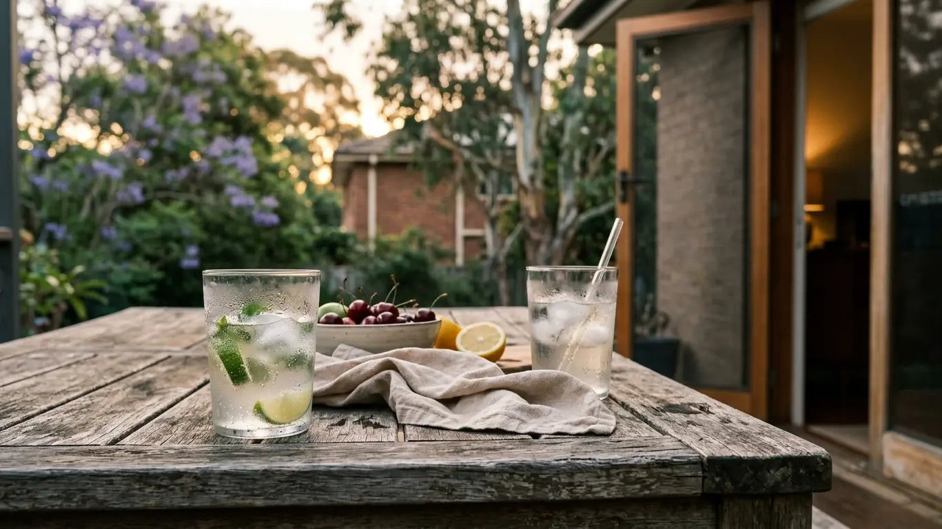 Two chilled drinks on a back deck at dusk in the Australian summer, the setting for Valentine's Day gifts for her in Australia