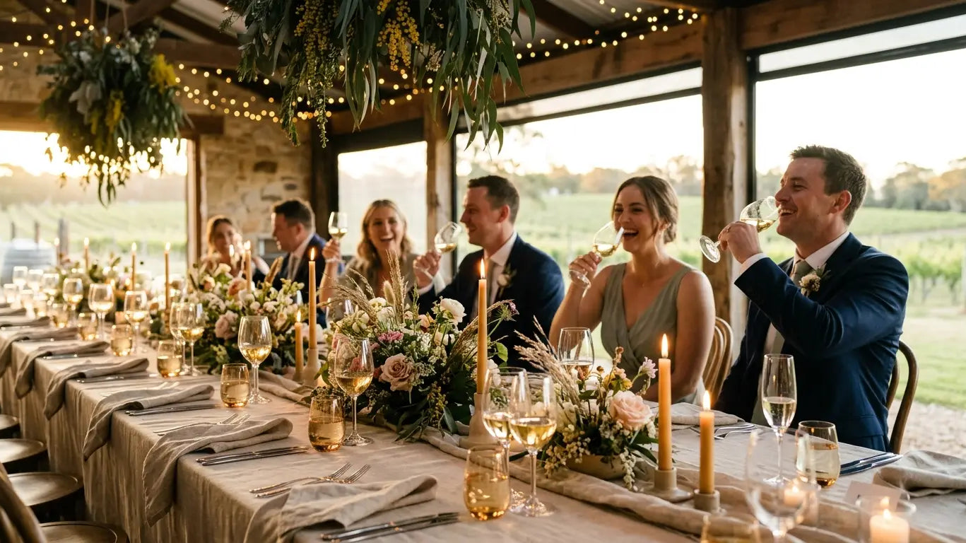 Elegant Australian wedding reception table styled with candles and florals at golden hour