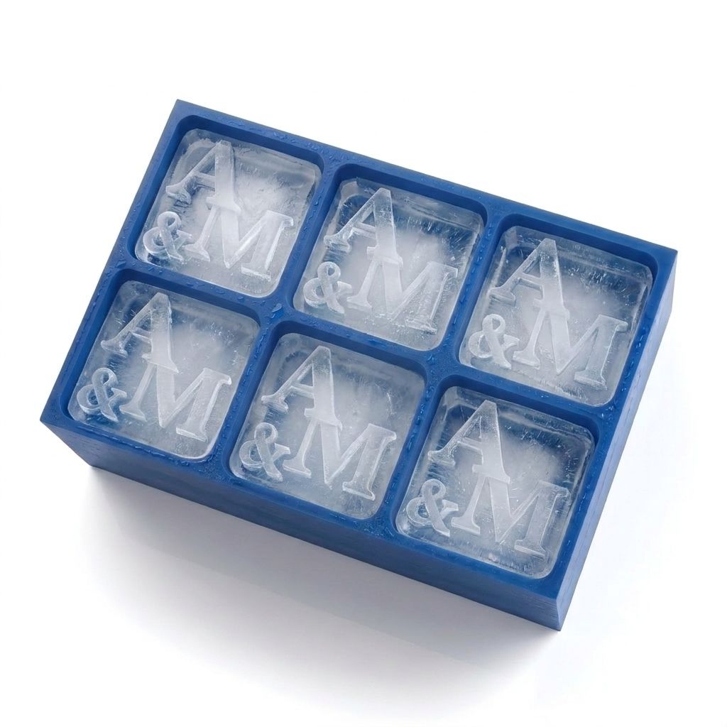 Top view of a blue A&M monogram ice cube tray filled with six frozen custom A&M initial ice cubes
