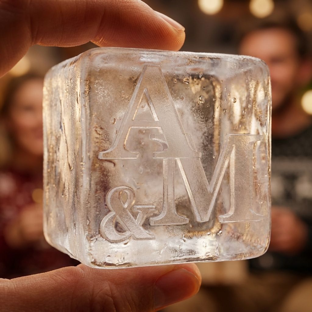 Close-up of a large custom A&M monogram ice cube held in hand at a party