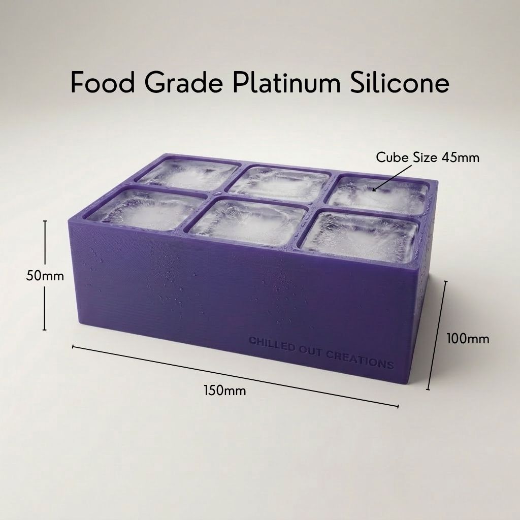 Purple A&M monogram ice cube tray dimensions 150 x 100 x 50 mm with 45 mm cubes in food grade platinum silicone