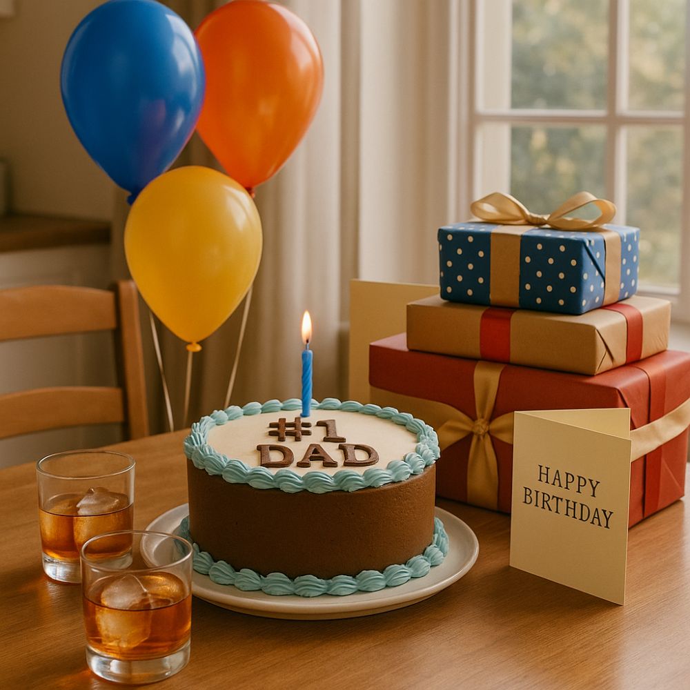 A birthday table setup with a #1 Dad cake, balloons, wrapped gifts, and whiskey glasses – a perfect birthday moment for dad with chilled drinks.