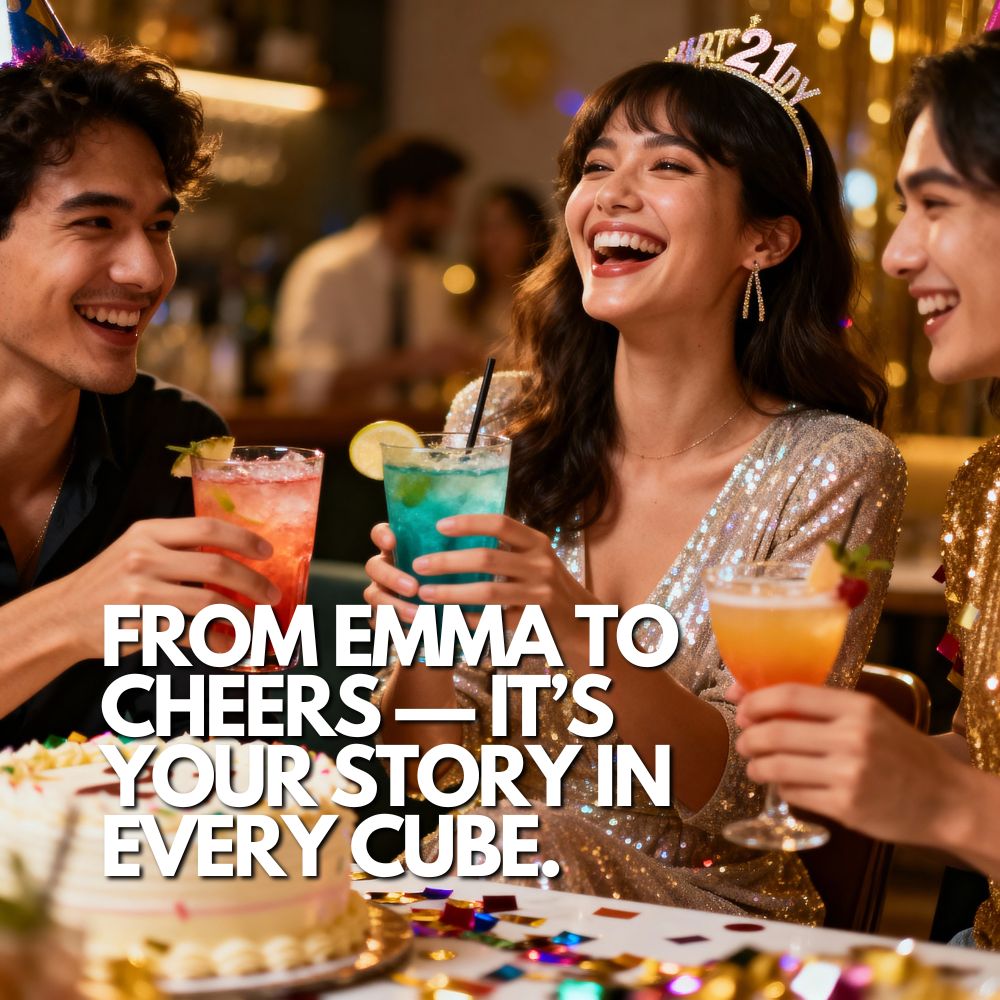 Friends celebrating a 21st birthday with colourful cocktails and a cake, featuring personalised ice cubes spelling words like EMMA and CHEERS — custom party ice tray gift.