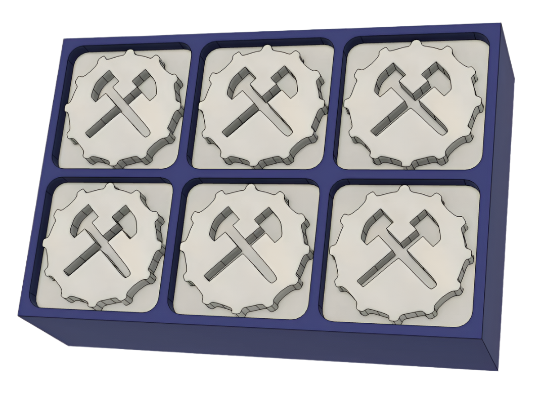 3D CAD model of a custom ice cube tray created in Fusion 360, showing detailed logo moulds designed for branded corporate ice cubes by Chilled Out Creations.