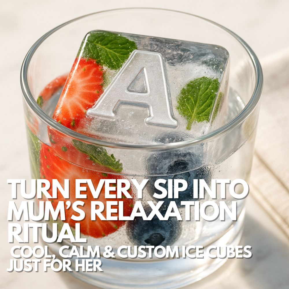 Glass of sparkling water with fruit and personalised ice cubes, designed to elevate mum’s everyday relaxation ritual.