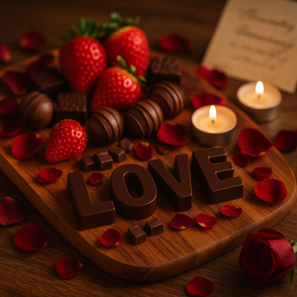 Anniversary dessert board with chocolates, candles, and romantic gift accents