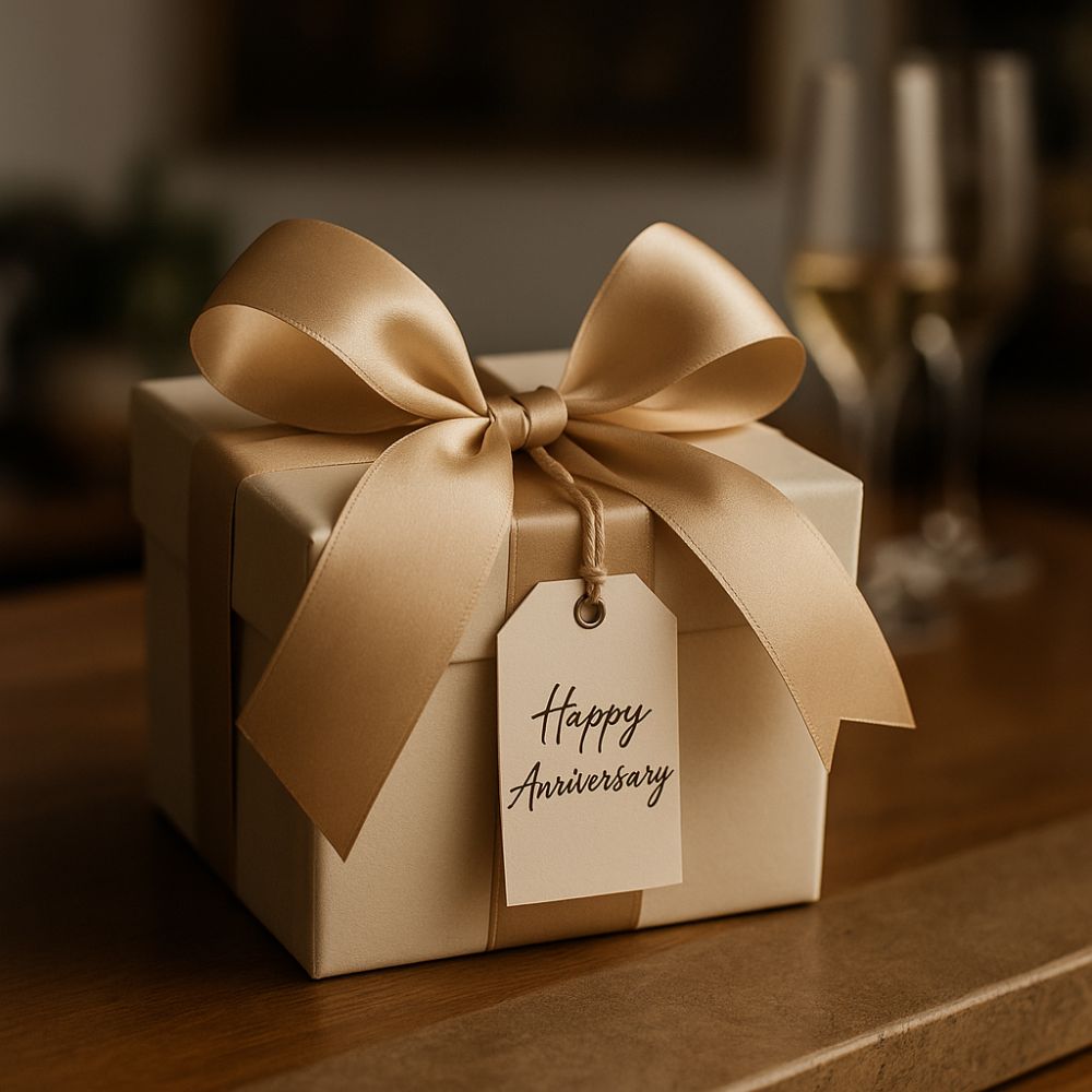 Elegant anniversary gift box with ribbon, styled for a premium celebration look