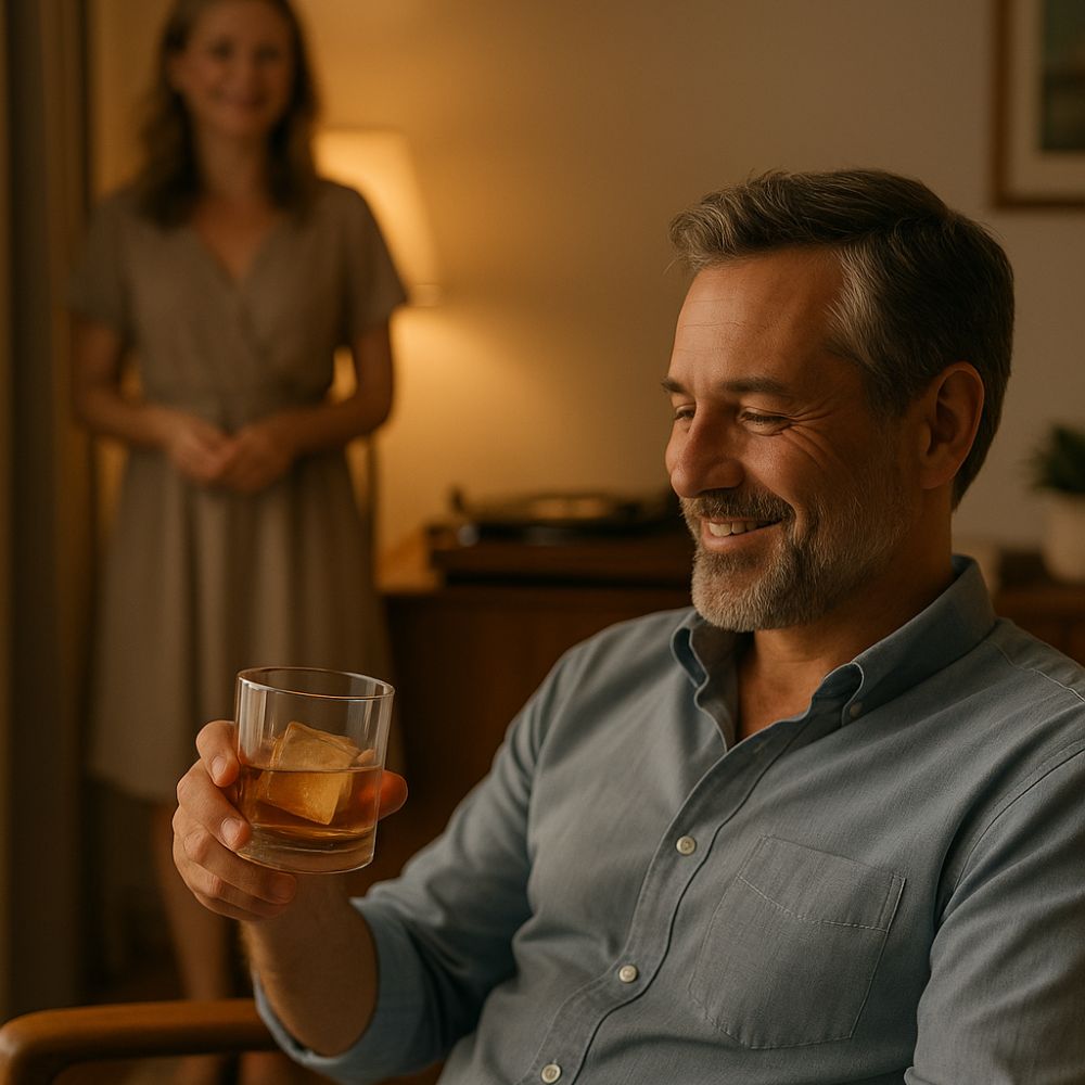 A warm anniversary moment with husband smiling at his wife near a record player, holding a whiskey glass with a personalised ice cube inside – captured in a cosy, softly lit living room.