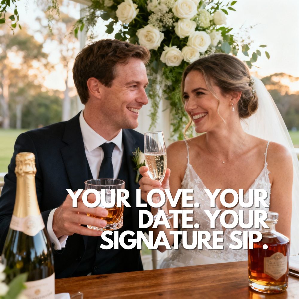 Newly-married Australian couple toasting with whiskey and champagne, celebrating with personalised ice cubes and timeless white roses