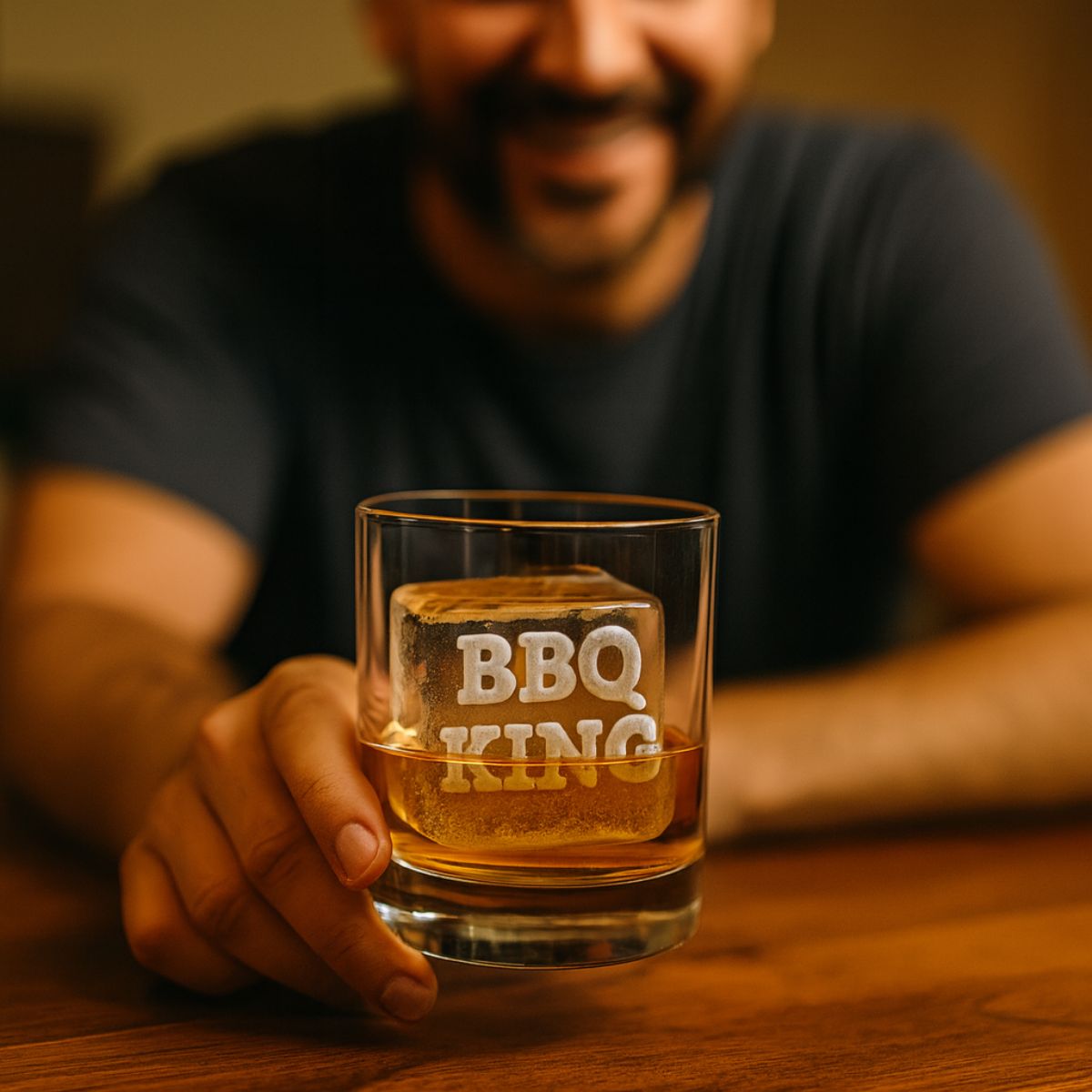 Smiling man holding a whisky glass with a large clear ice cube spelling “BBQ KING” in crisp, raised letters — the perfect personalised gift for BBQ lovers and whisky enthusiasts.