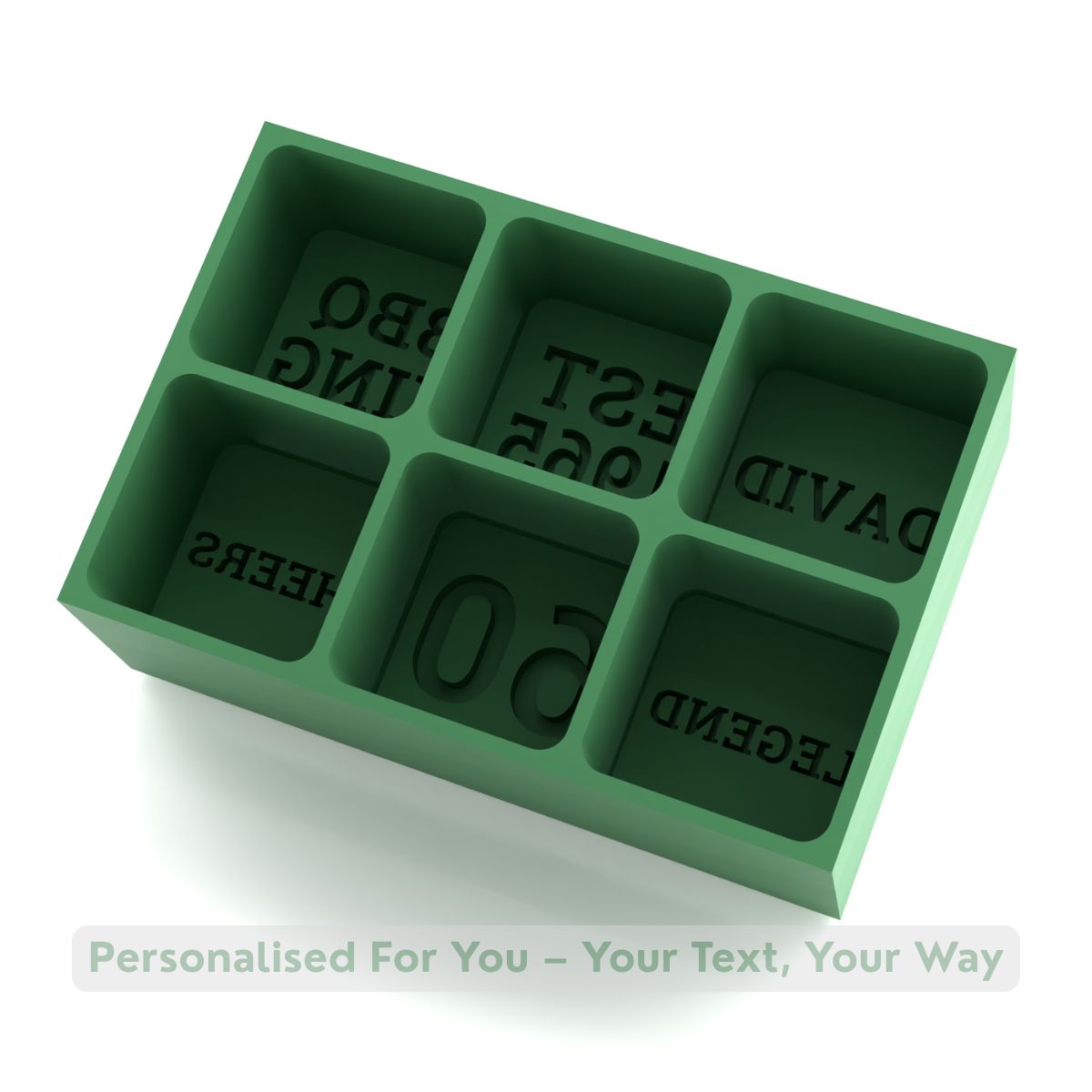 Forest-green silicone tray with six bold cube moulds to freeze personalised messages for outdoor parties and BBQs.