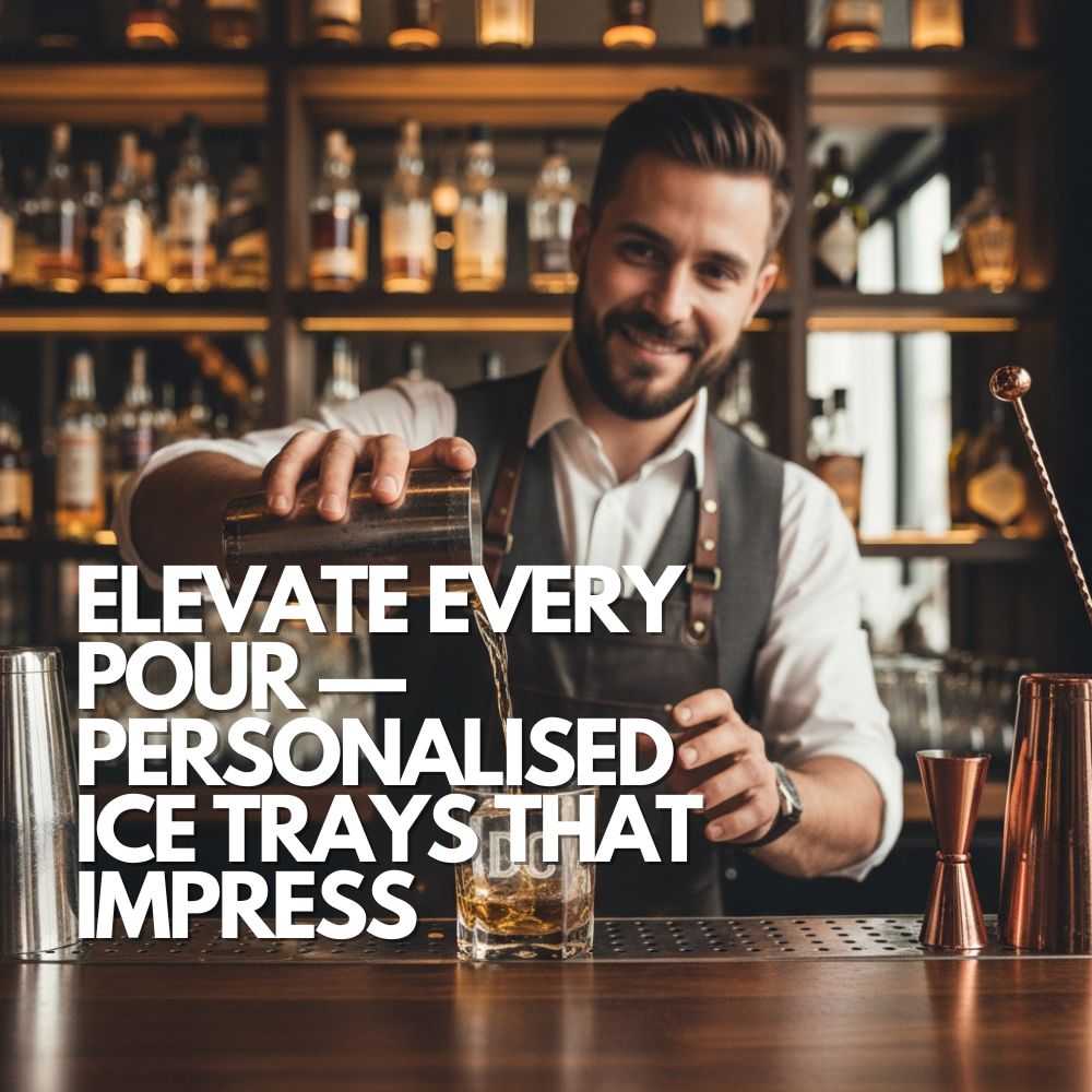 Smiling bartender in vest pouring whisky over a large cube, with bold overlay text reading “Elevate Every Pour — Personalised Ice Trays That Impress.” Stylish bar setting with shelves of spirits in the background, promoting custom monogram ice trays handmade in Australia.