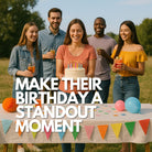 Group of friends in their 20s celebrating a birthday outdoors with drinks and a cake, standing behind a decorated table with colourful flags and balloons – perfect lifestyle scene for personalised gift marketi