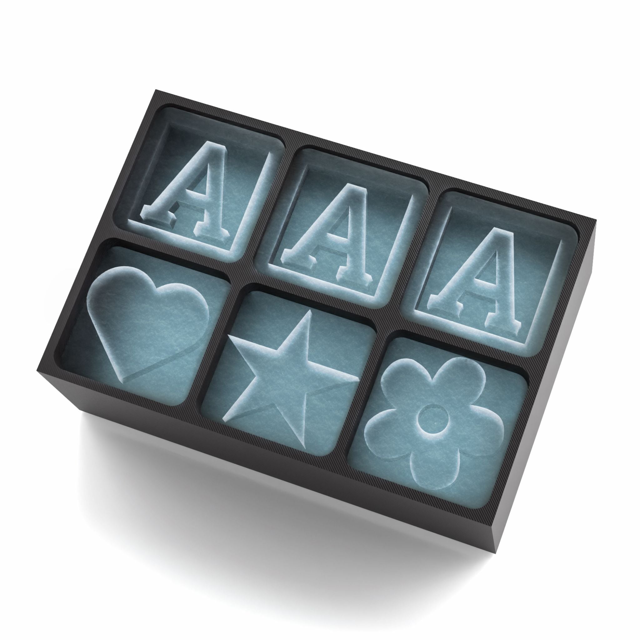 Matte black silicone tray with 'A' letter ice cubes, heart, star, and flower shapes – great personalised barware gift for men