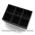 Stylish black personalised ice tray filled with JD monogram and EST.1985 cubes, a custom barware gift for milestone celebrations.