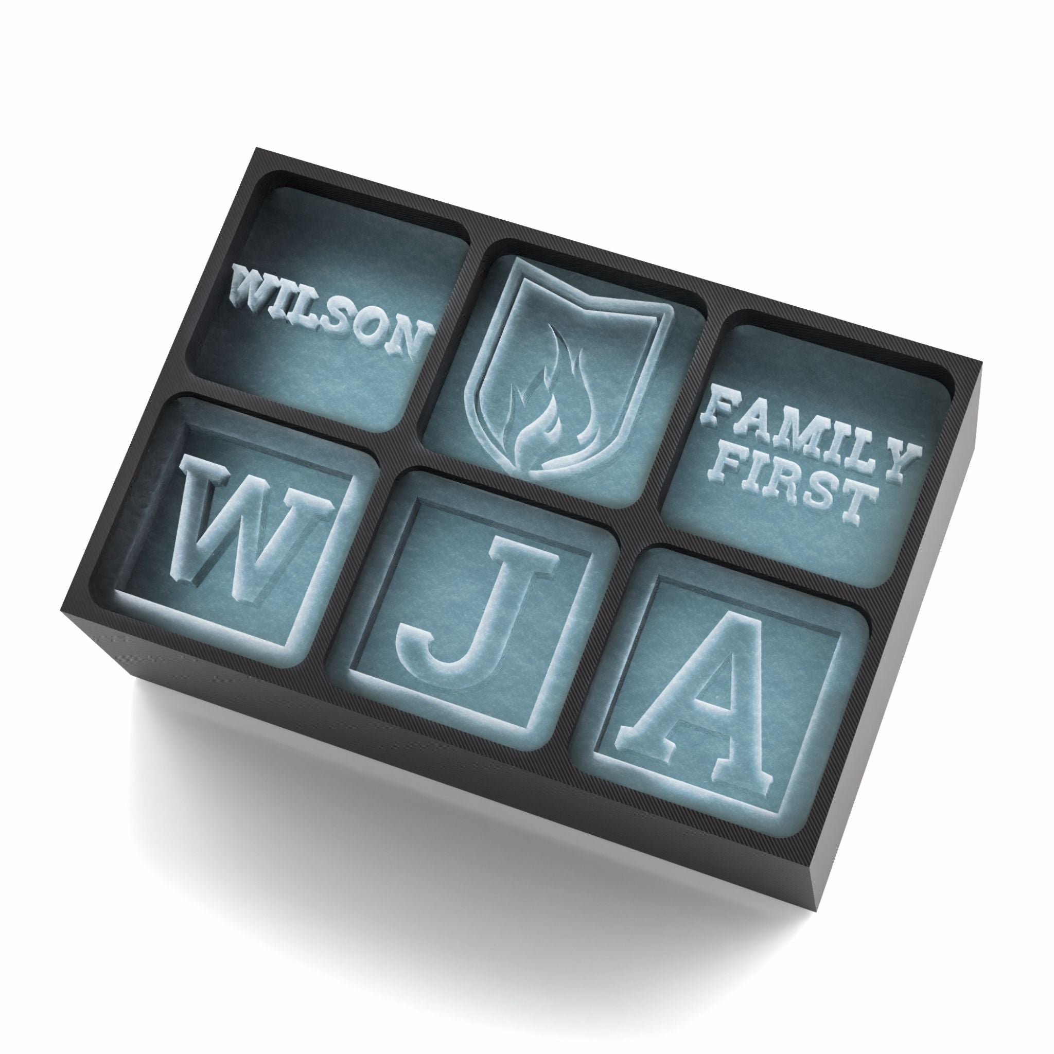 Black silicone ice tray with engraved Wilson name, initials WJA and family-themed designs – ideal for personalised family occasions.