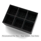 Black monogram ice tray with SM initials and EST. 2010, elegant personalised keepsake for cocktail lovers.