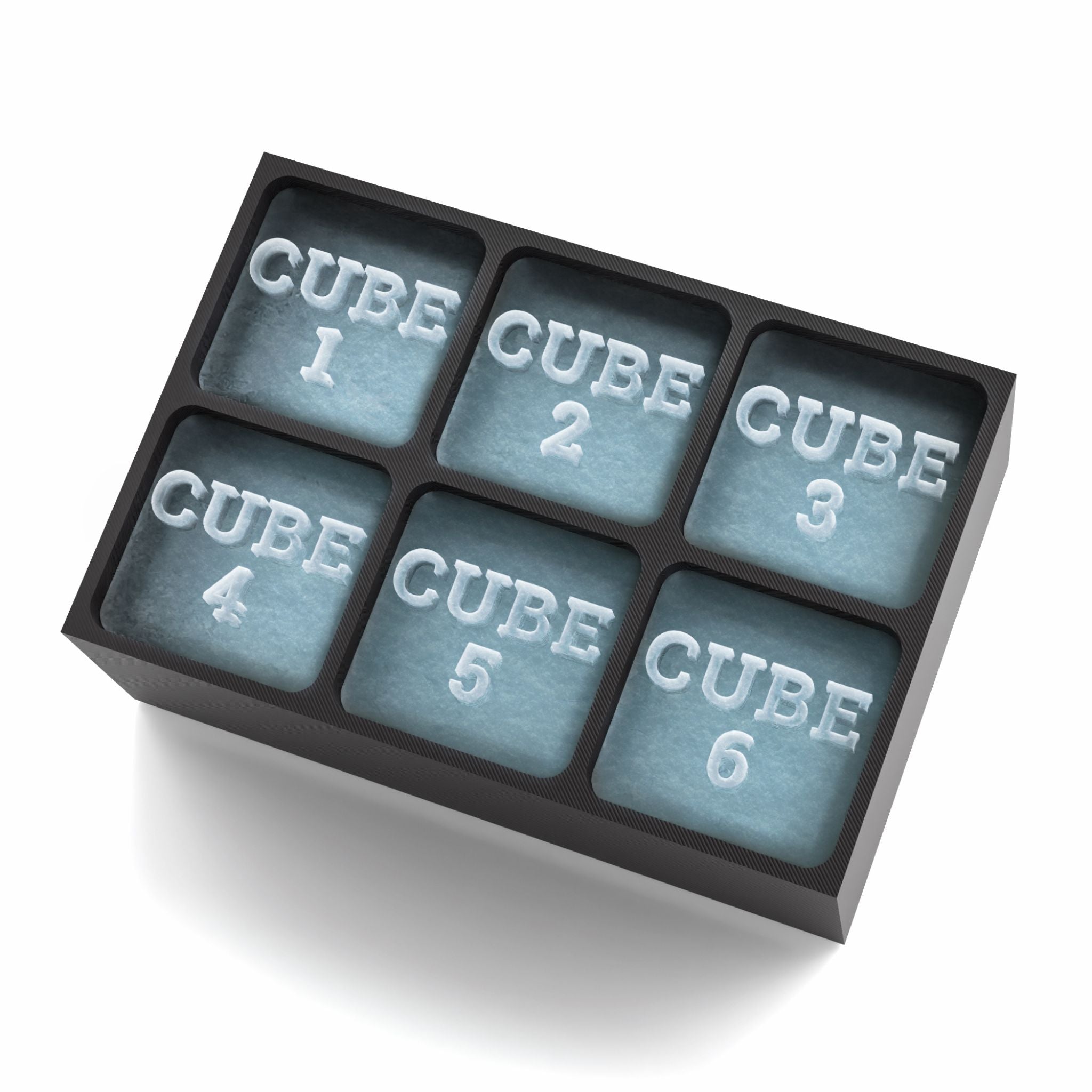 Black silicone ice cube tray featuring CUBE 1 to 6 lettering and numbers for stylish drinks.