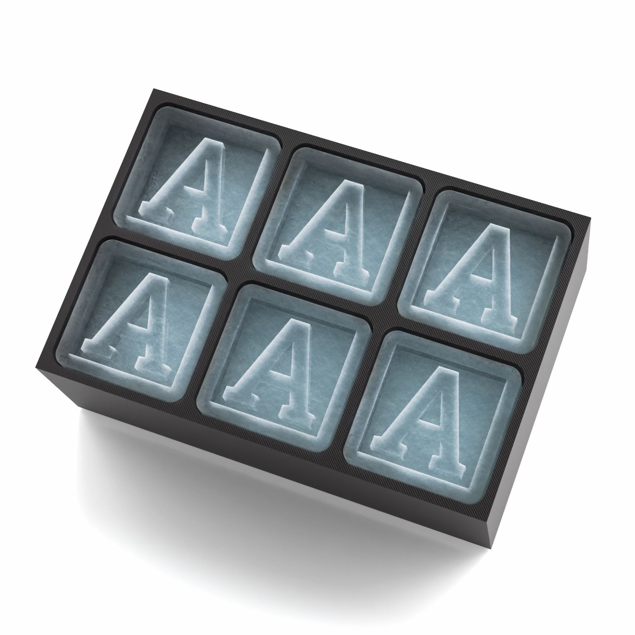 Black silicone ice cube tray featuring the letter A monogram in each cube – 6-cube personalised mould, perfect for birthday and gifting occasions