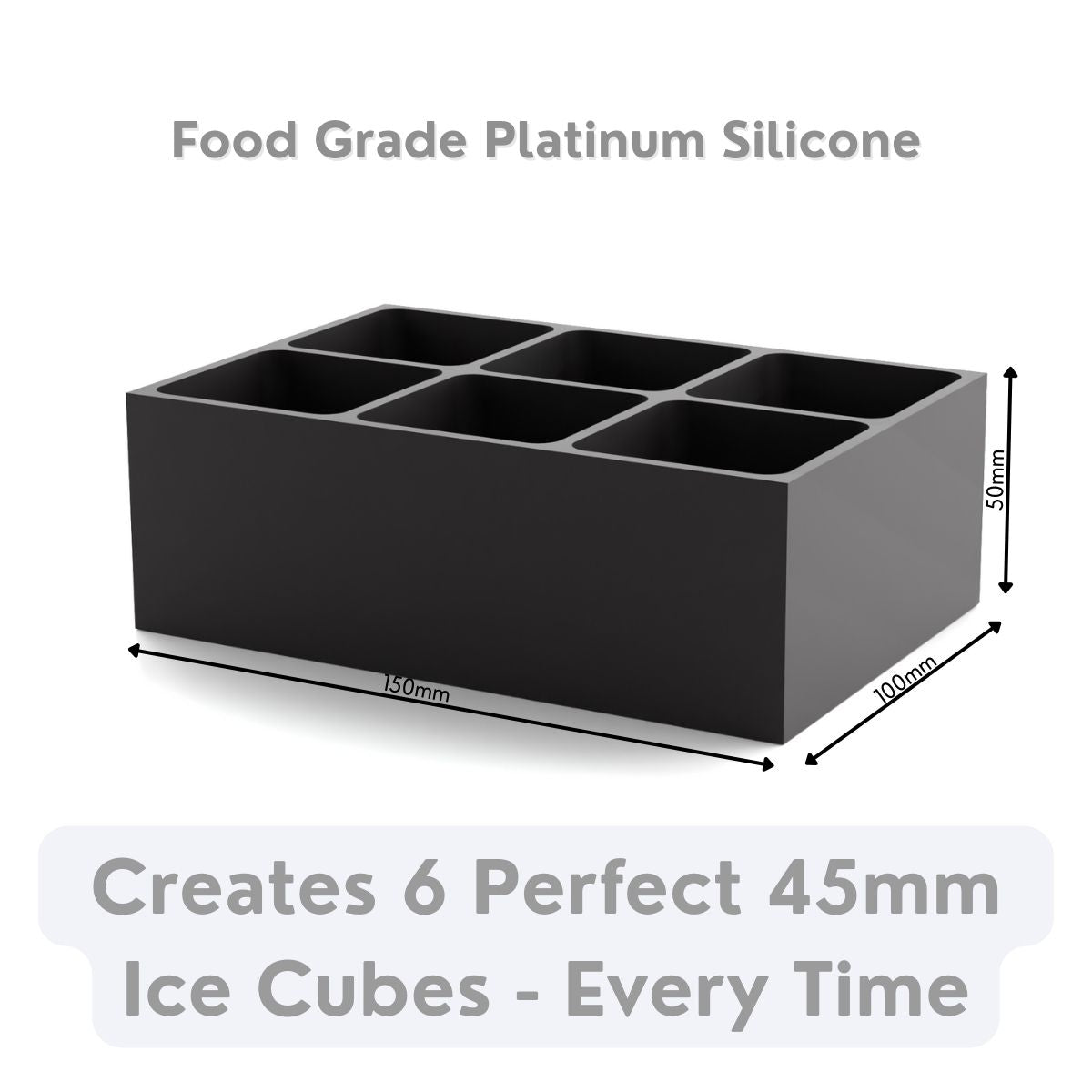 Sleek black platinum-silicone ice tray, designed to make six consistent 45 mm ice cubes, ideal for whiskey, cocktails, and branded use.