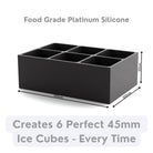Sleek black platinum-silicone ice tray, designed to make six consistent 45 mm ice cubes, ideal for whiskey, cocktails, and branded use.
