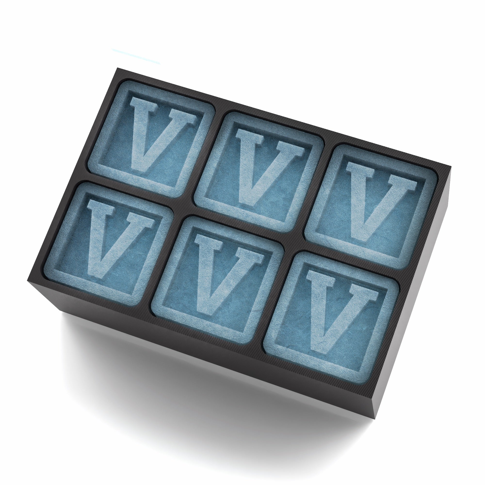 Black silicone ice cube tray with six V letter ice cubes, perfect custom gift for men, whiskey lovers, or barware collectors.