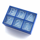 Blue silicone ice tray with 'BDAY21' custom letters, perfect for personalised birthday celebrations.