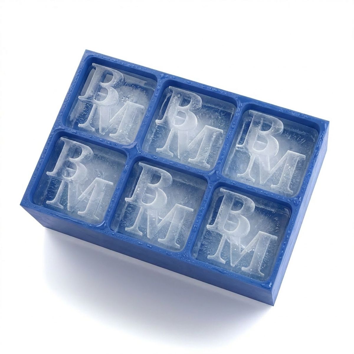 Blue ice tray with BM monogram cubes – perfect custom gift for celebrations, parties, and cocktail lovers
