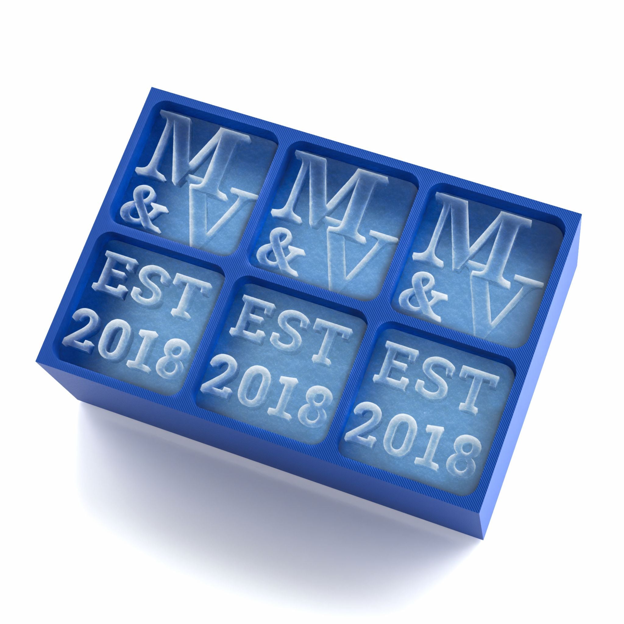 Blue custom ice cube tray featuring M & V initials and EST 2018 – handmade romantic gift for couples