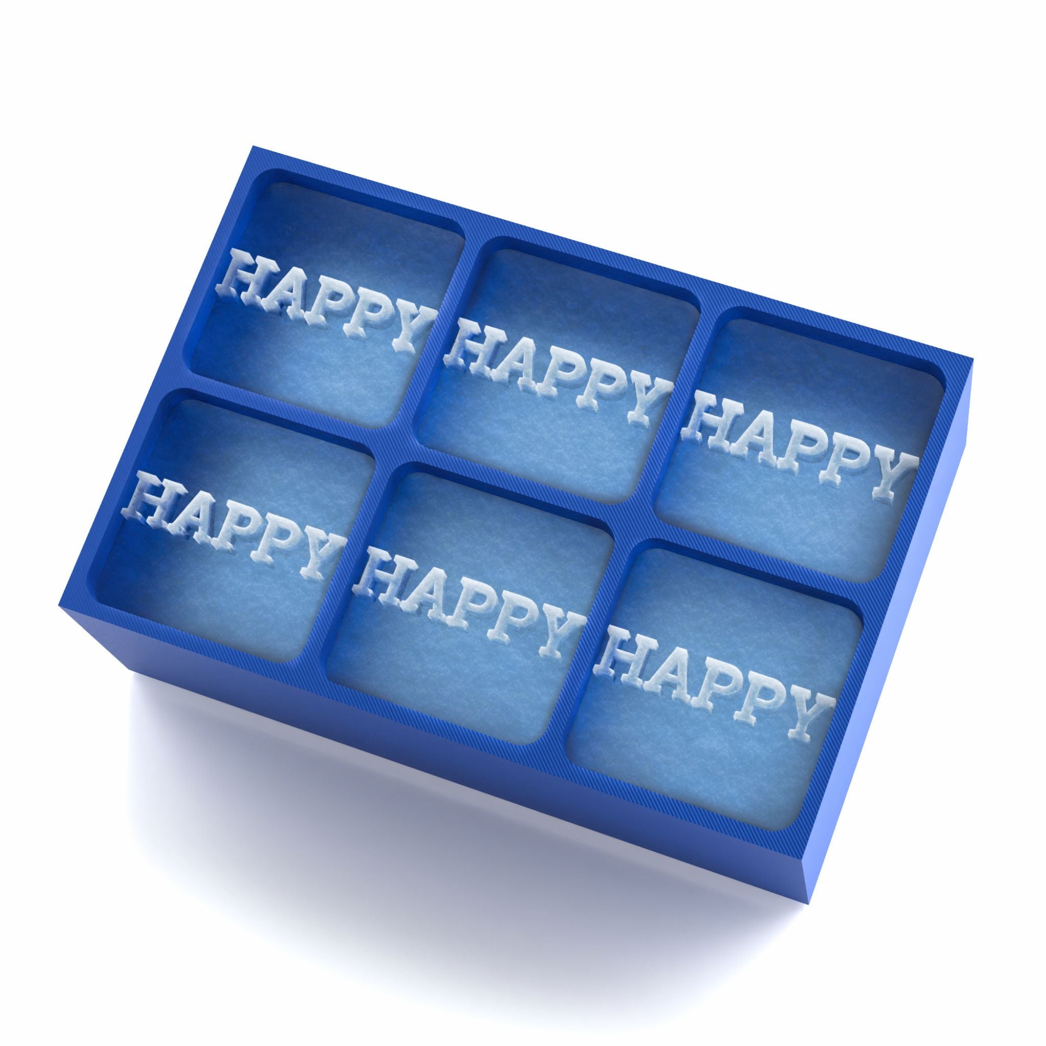 Blue 6-cube ice tray with the word HAPPY frozen in each cube – perfect for birthdays, celebrations, and feel-good gift ideas